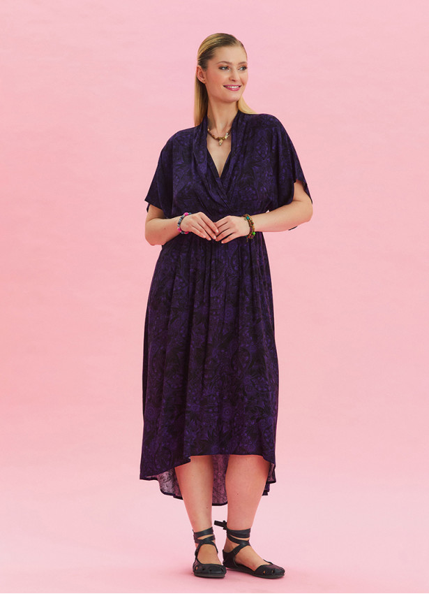 V Neck Gathered Detailed Purple Summer Dress 4533